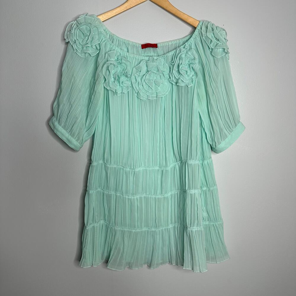 Saint Gil Paris Mini Dress Womens Mint Green EUC‎ Floral Rosette Plisse Tiered